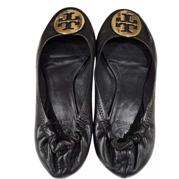 Tory Burch Elastic Back Black Gold Leather Ballet Ballerina Flats Women's 7.5 - Picture 3 of 8